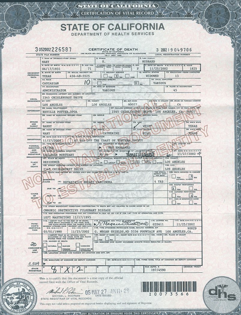 Mary Sue Hubbard State of California Certificate of Death